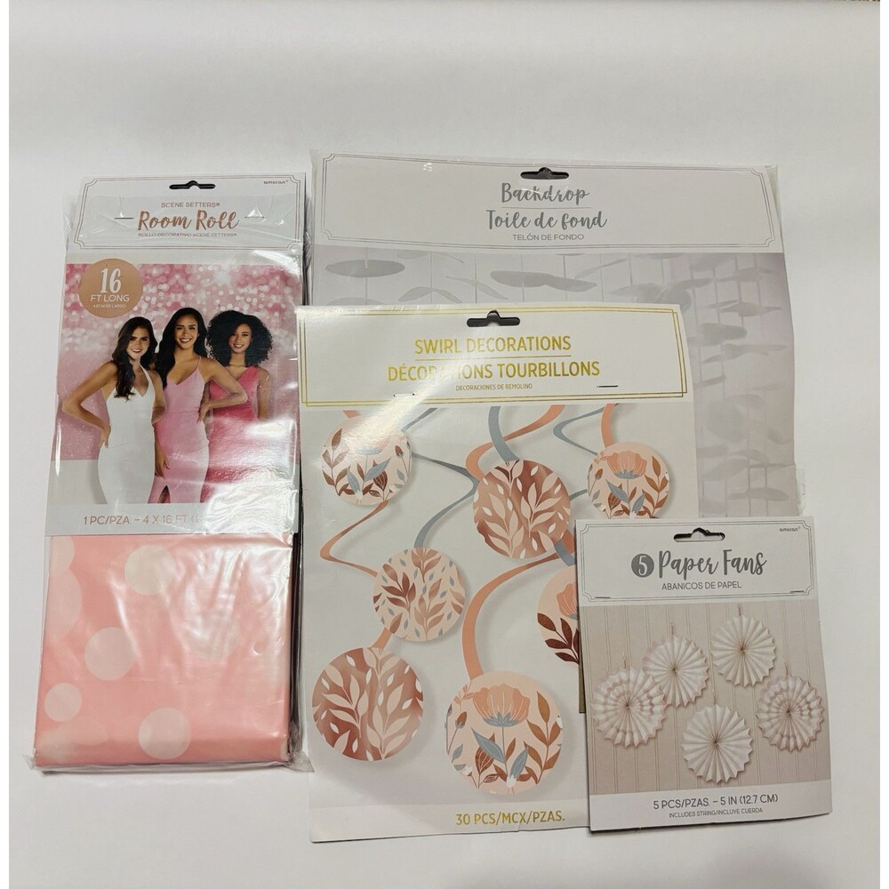 Pink White Rose Gold Party Supplies- Room Roll, Swirl Decorations, Backdrop More